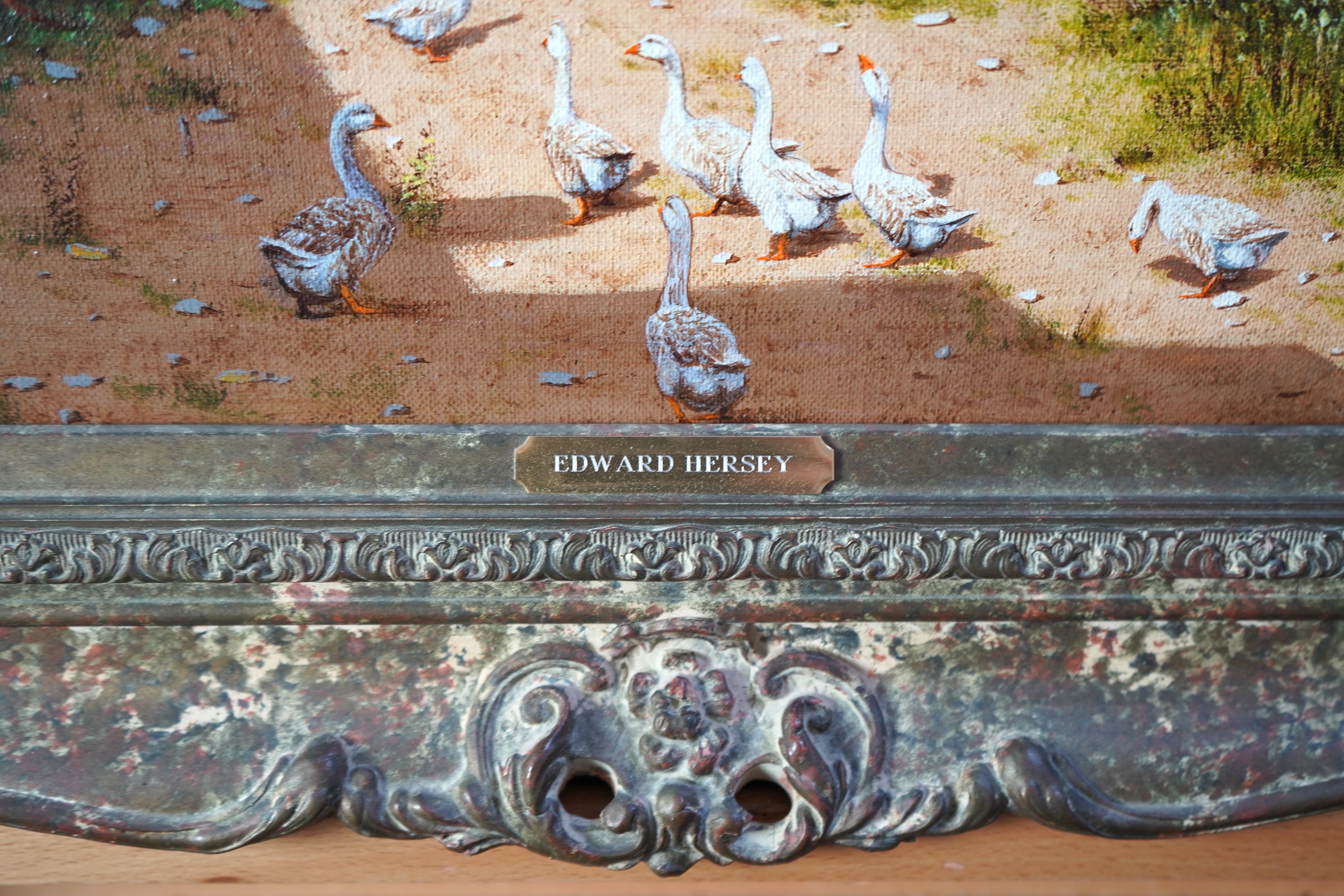 Edward Hersey, b.1948, Geese in a Farm Courtyard